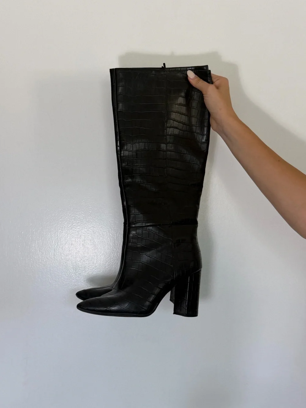 Black Croc-Embossed Knee-High Block Heel Boots
